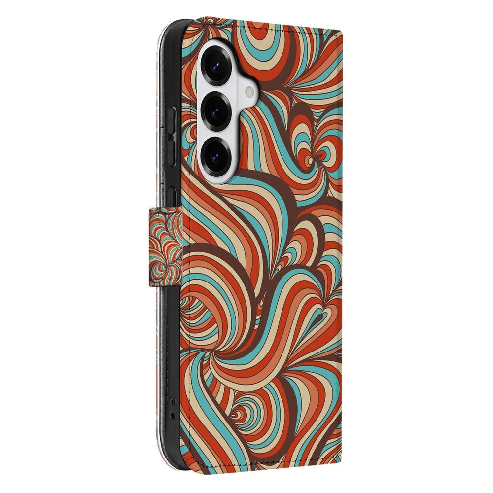 Samsung Galaxy S26 Book Case Hoesje Retro retro-patroon cognac turquoise bruin zijaanzicht.