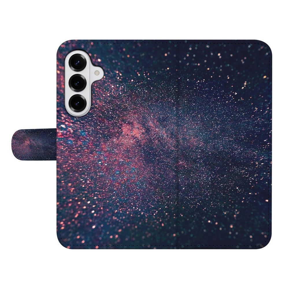 Samsung Galaxy S26 Book Case Paars Blauw Glitter Sterren Vooraanzicht.