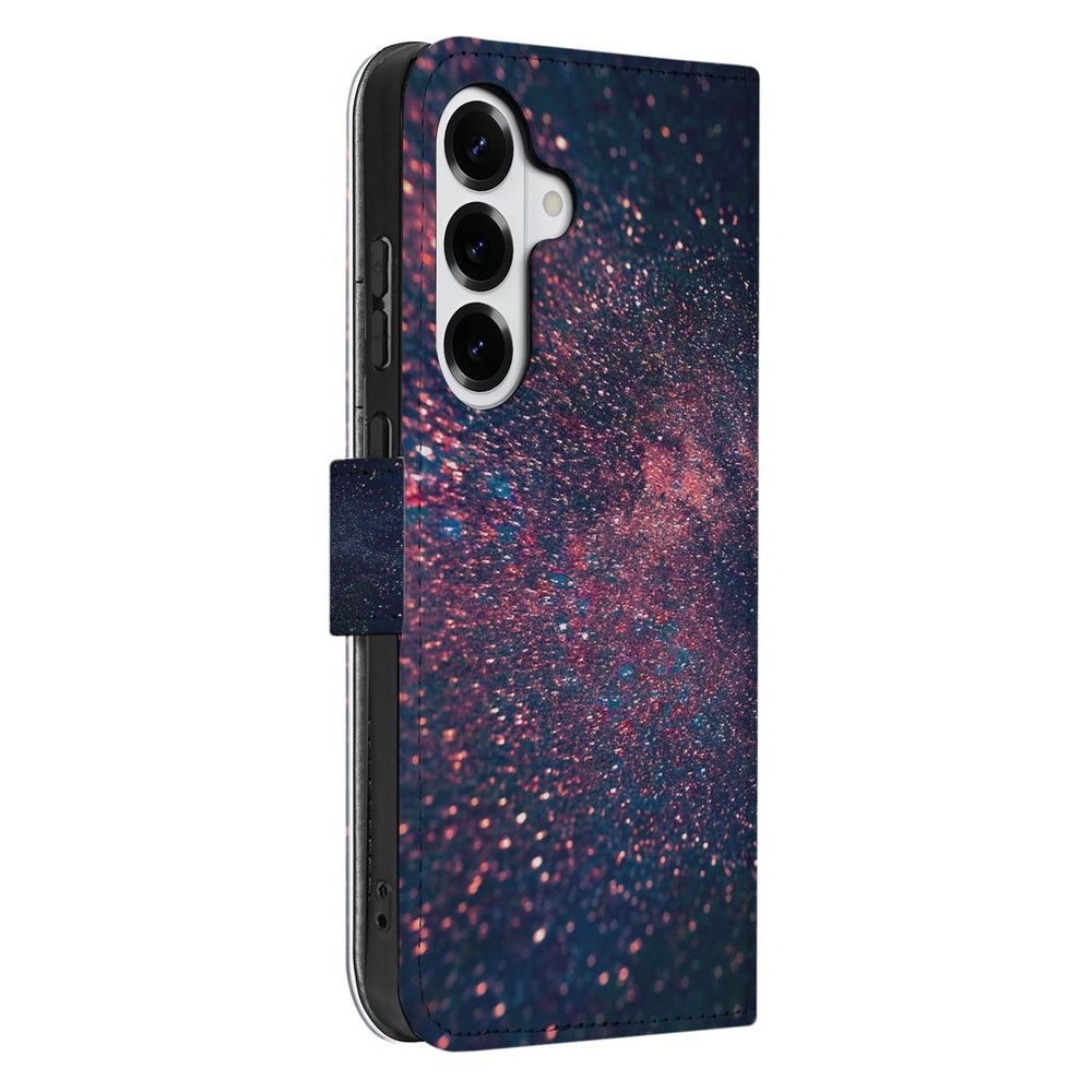 Samsung Galaxy S26 Book Case Paars Blauw Glitter Sterren zijkant weergave.
