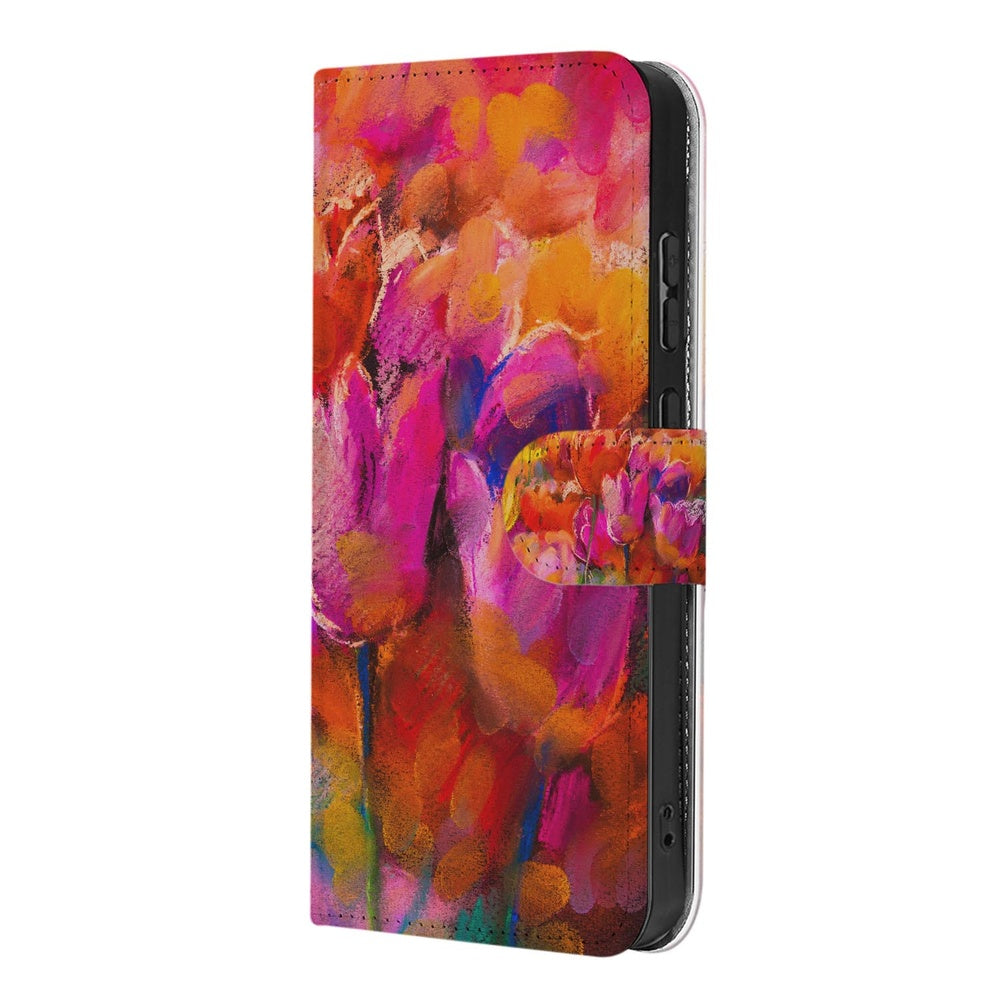 Samsung Galaxy S26 Bookcase Hoesje Tulips tulpen design kleurrijk zijkant.