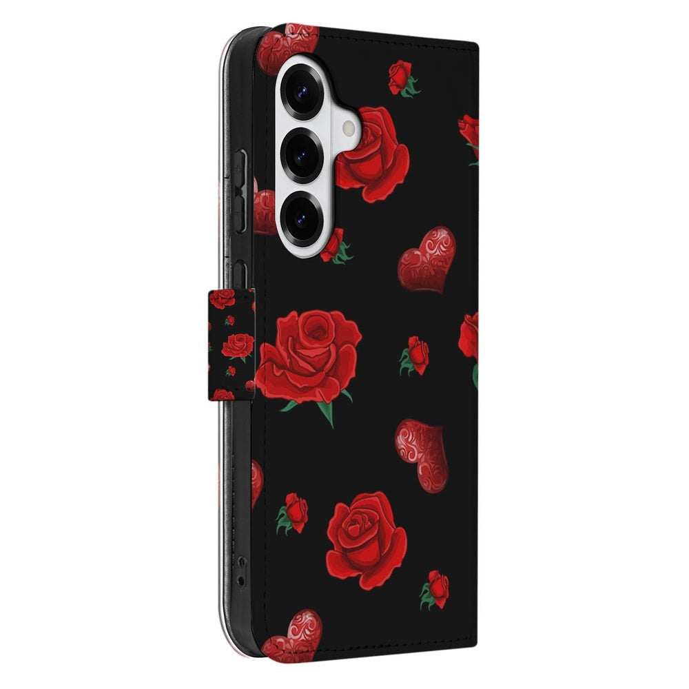 Samsung Galaxy S26 Book Case Hoesje Valentine rozenprint zwarte achtergrond vooraanzicht.