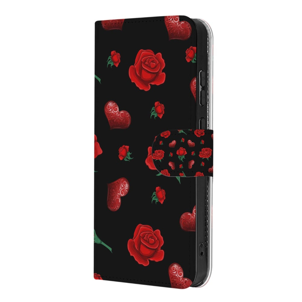 Samsung Galaxy S26 Book Case Hoesje Valentine rozen hartjes zwart vooraanzicht.