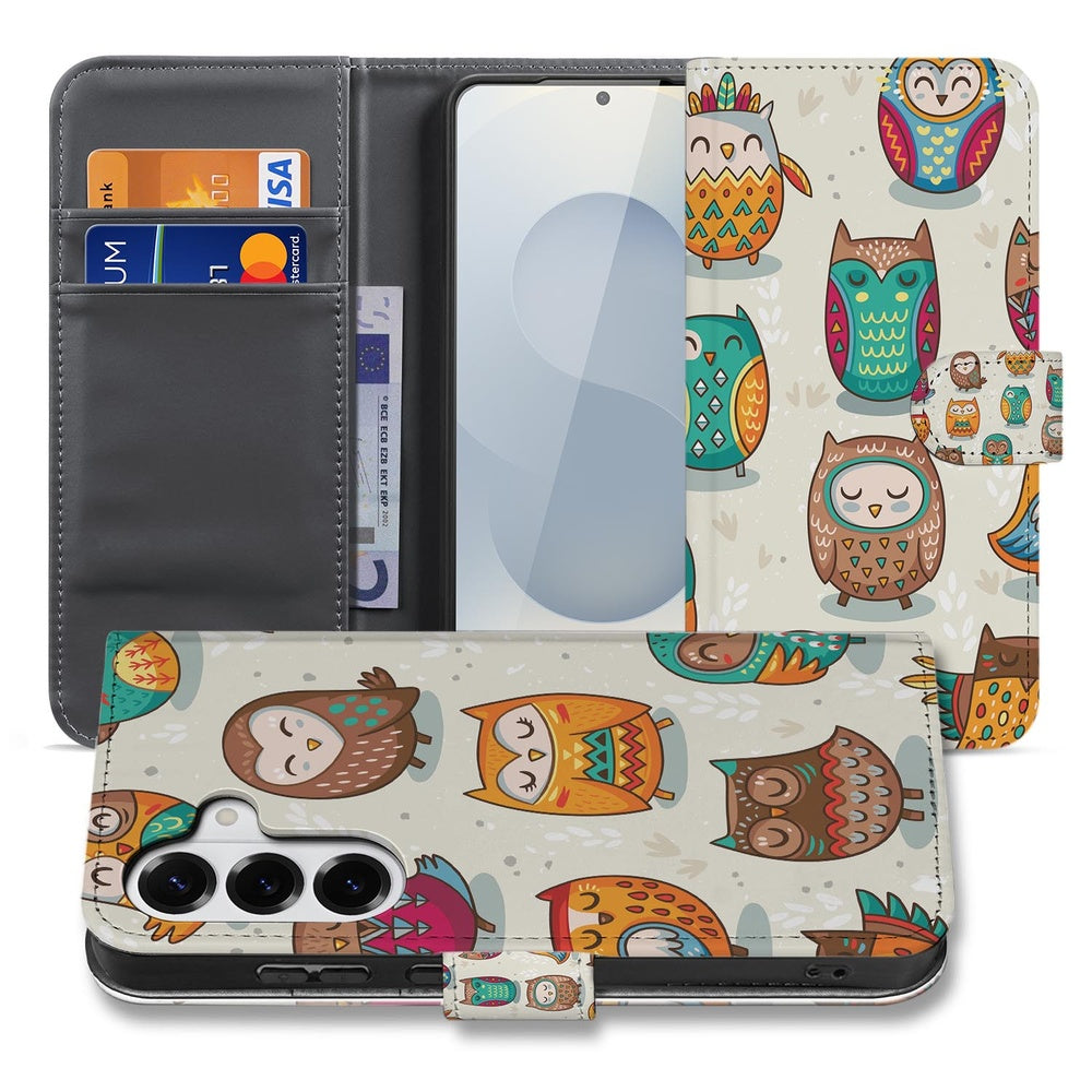 Samsung Galaxy S26 Bookcase Vrolijke Uilen Pasjeshoesje beige oranje groen design aanzicht.