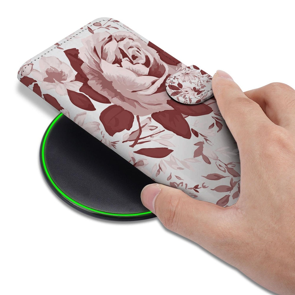 Samsung Galaxy S26 Watercolor Paars Watercolor Flowers boekhoesje met rozenprint hand op oplader.