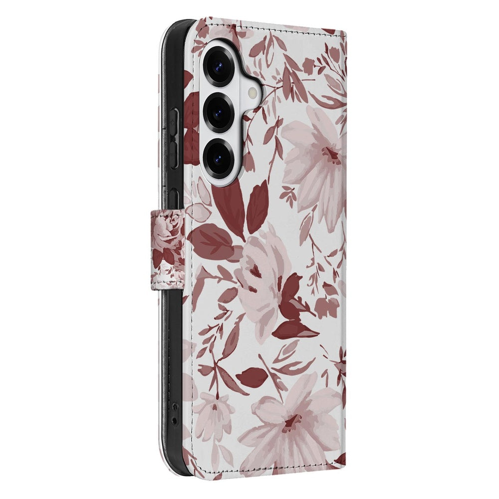 Samsung Galaxy S26 Watercolor Paars Watercolor Flowers hoesje roze bloemenprint zijkant.