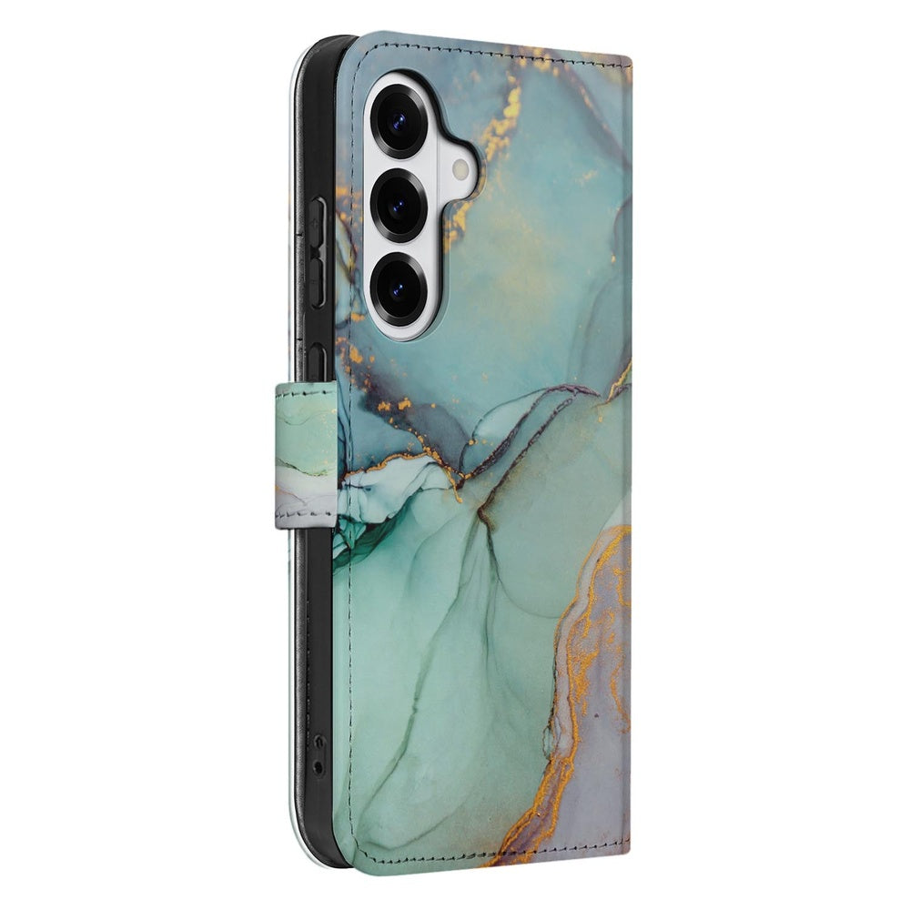 Samsung Galaxy S26 Bookcase Hoesje Watercolor Mix design turquoise aqua marmer zijkant.