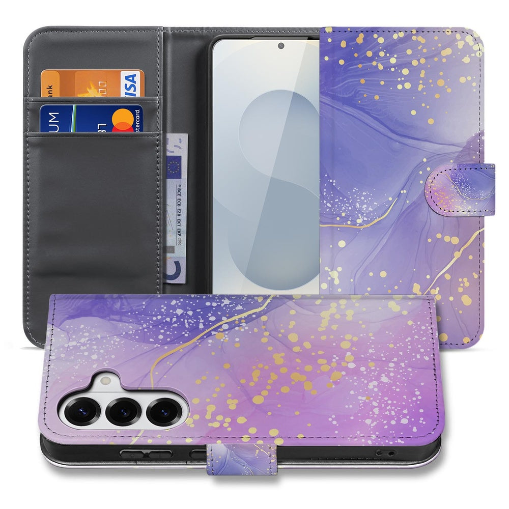 Samsung Galaxy S26 Plus Hoesje Watercolor Paars met gouden spetters en zwart binnenvak.