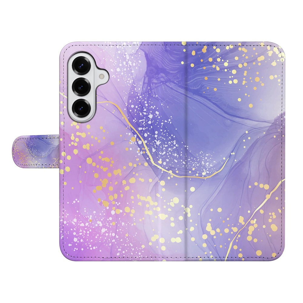 Samsung Galaxy S26 Plus Hoesje Watercolor Paars aquarelprint gouden spetters voorzijde.