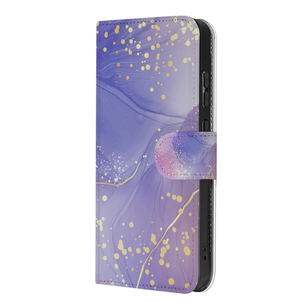 Samsung Galaxy S26 Plus Hoesje Watercolor Paars Aquarelprint Gouden Spetters Aanzicht.