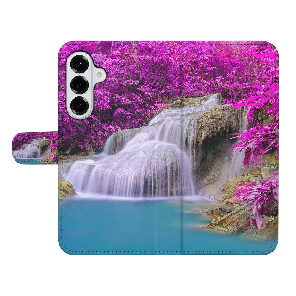 Samsung Galaxy S26 Portemonnee Hoesje Waterval Paars design waterval met paarse bloemen en rustig water.