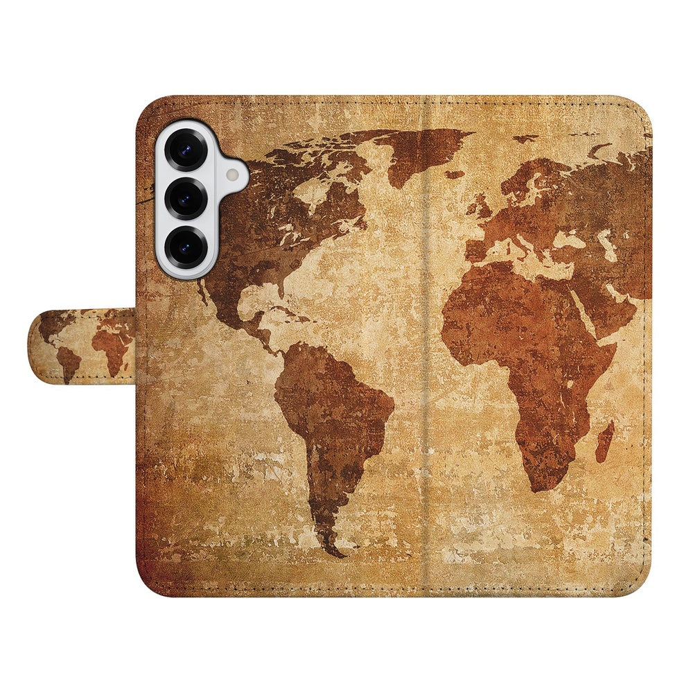 Samsung Galaxy S26 Book Case Wereldkaart warme tinten wereldkaart print. Aanzicht van de voorkant.
