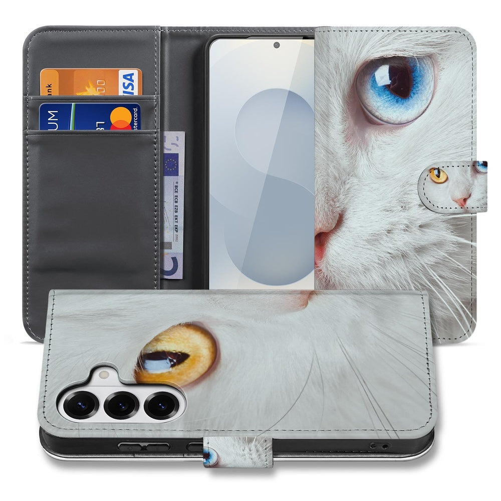 Samsung Galaxy S26 Book Case Witte Kat Dierenprint Aanzicht met smartphone en pasjes.