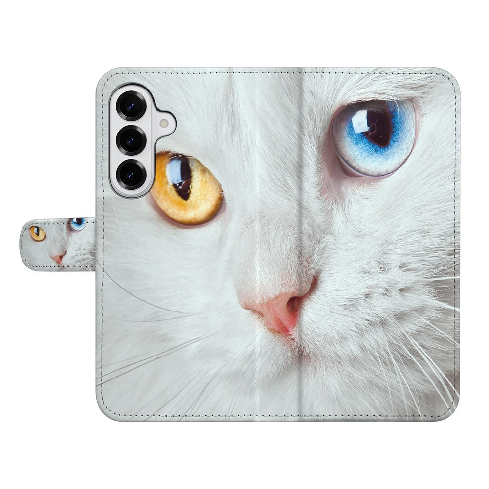 Samsung Galaxy S26 Book Case Witte Kat Dierenprint Aanzicht met ogen.