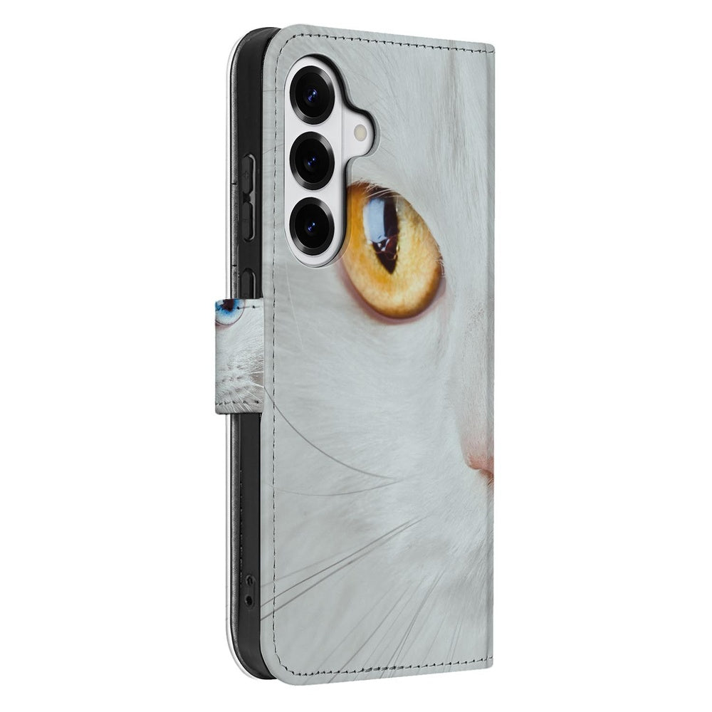 Samsung Galaxy S26 Book Case Witte Kat Dierenprint Aanzicht zijkant.