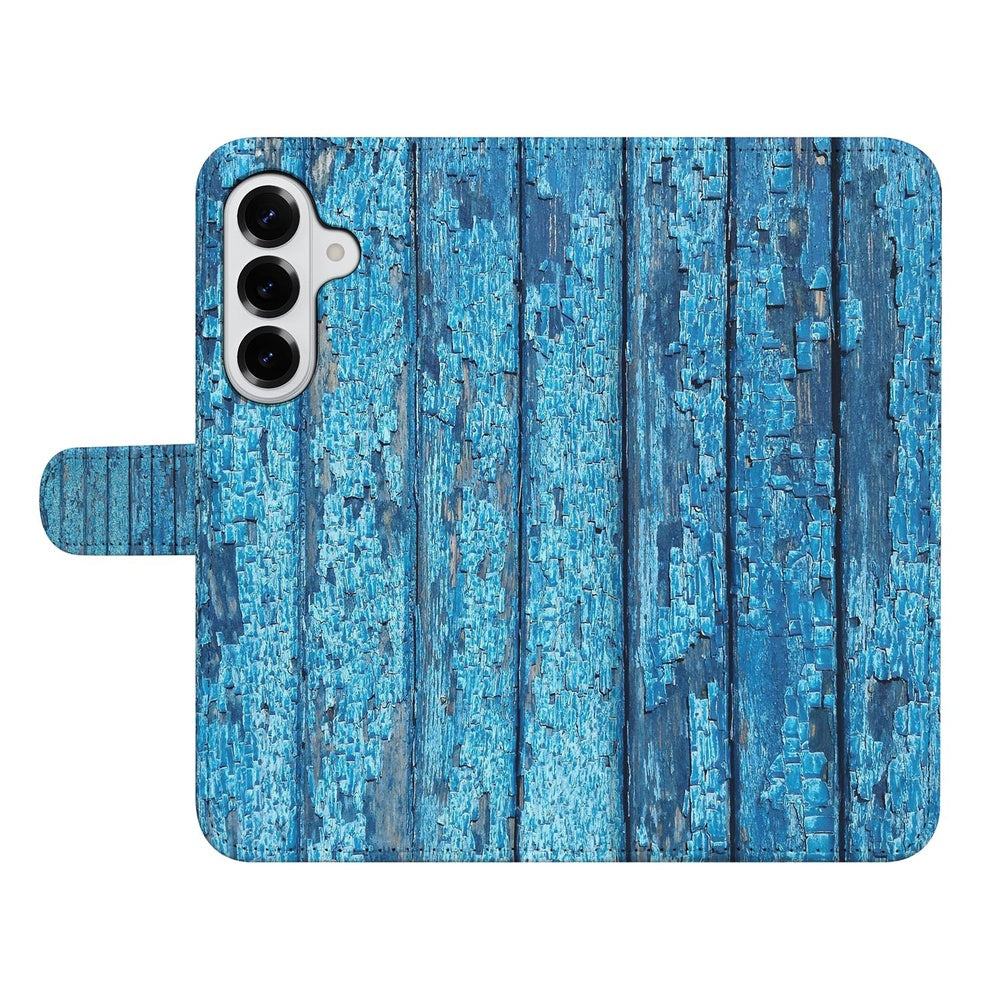 Samsung Galaxy S26 Book Case Hoesje Afgebladderd Blauw Hout Houtlook Zijkant.