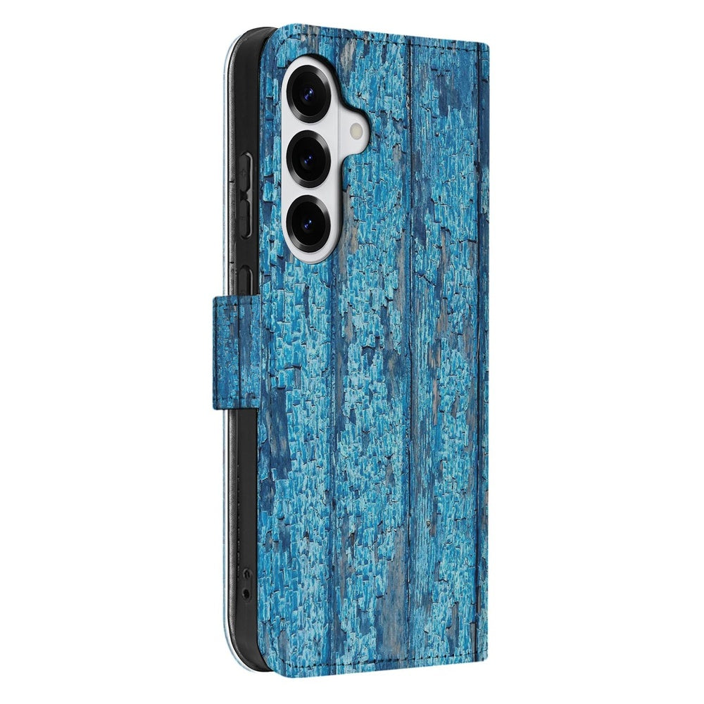 Samsung Galaxy S26 Book Case Hoesje Afgebladderd Blauw Hout design houtlook rechtse zijkant.