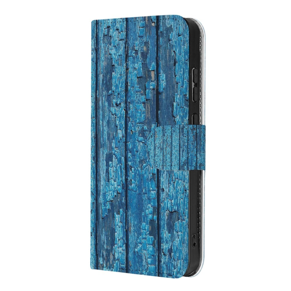 Samsung Galaxy S26 Book Case Hoesje Afgebladderd Blauw Hout blauw houten design zijkant.