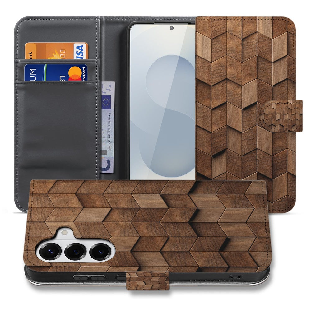 Samsung Galaxy S26 Bookcase Bruin Houtprint Vooraanzicht.