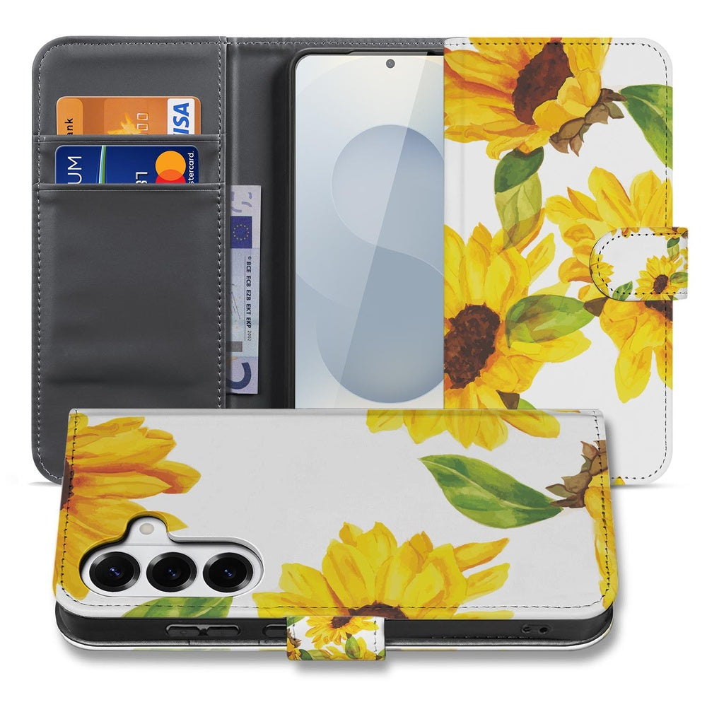 Samsung Galaxy S26 Hoesje Zonnebloemen Wallet Vooraanzicht.