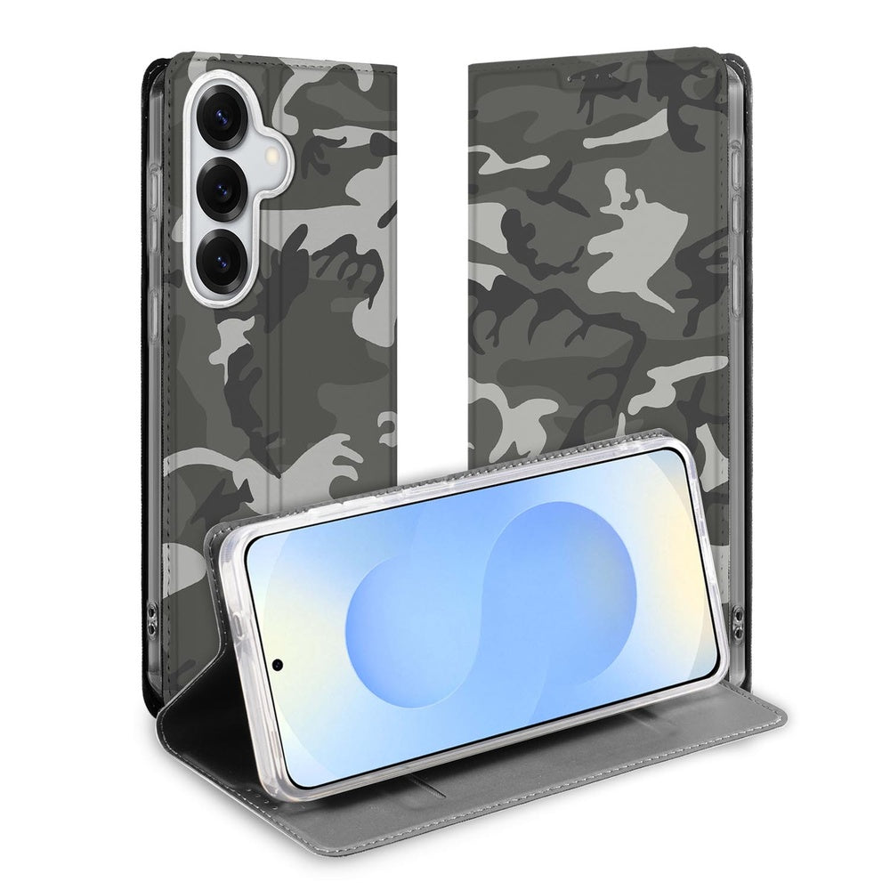 Samsung Galaxy S26 Bookcase Hoesje Army Light camouflage grijs vooraanzicht.