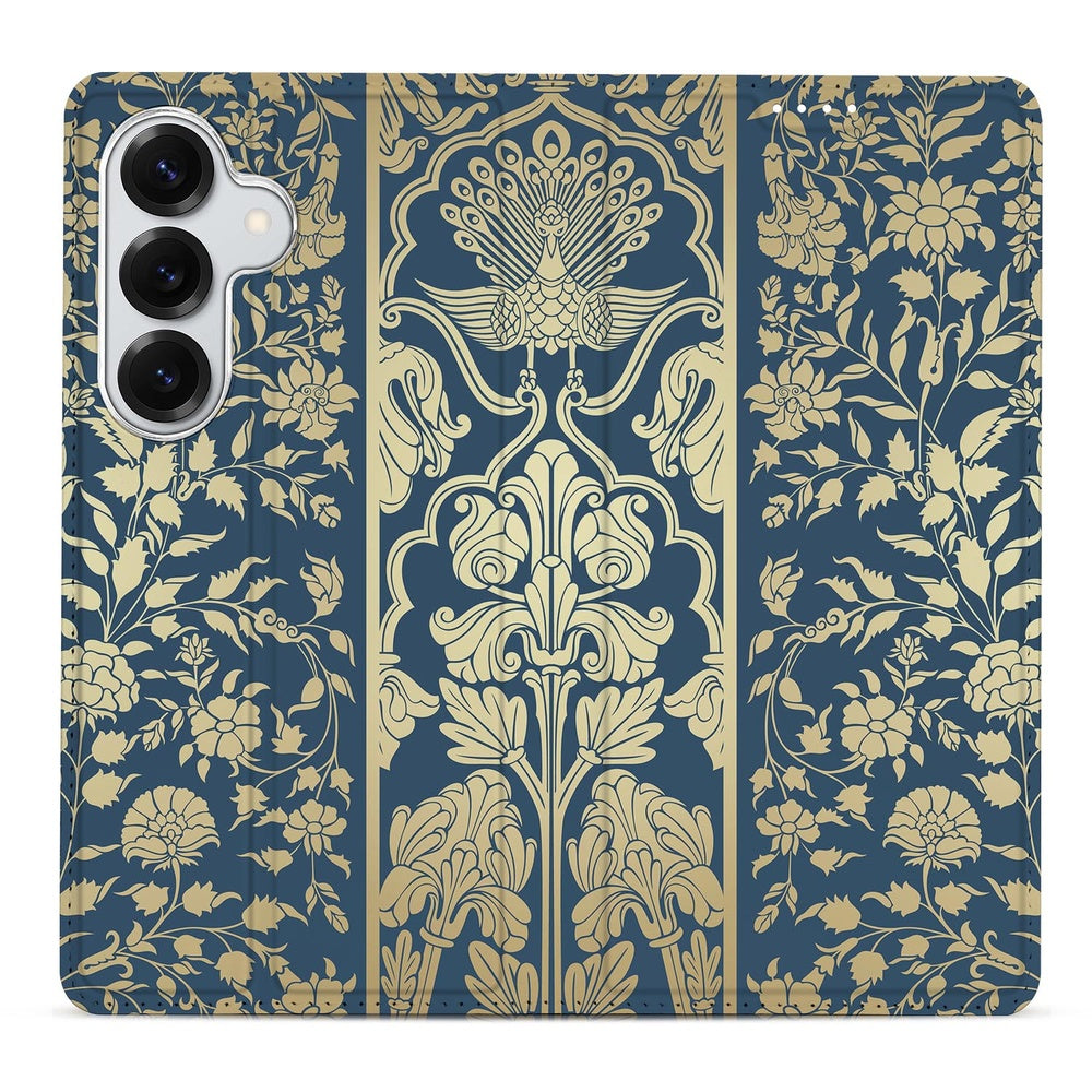Samsung Galaxy S26 Book Case Beige Flowers bloemenprint donkerblauw detail.