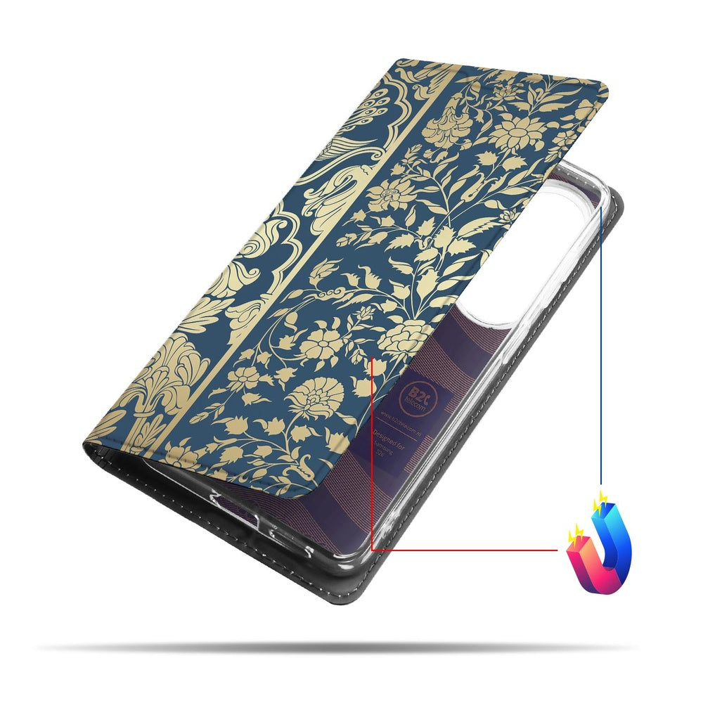 Samsung Galaxy S26 Book Case Beige Flowers bloemenprint donkerblauwe achtergrond vooraanzicht.