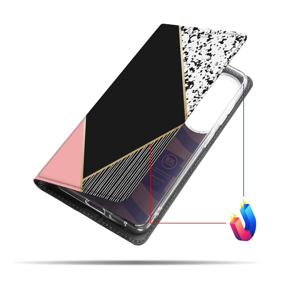 Samsung Galaxy S26 Bookcase Hoesje Black Pink Shapes detailweergave van het ontwerp met geometrische vormen.