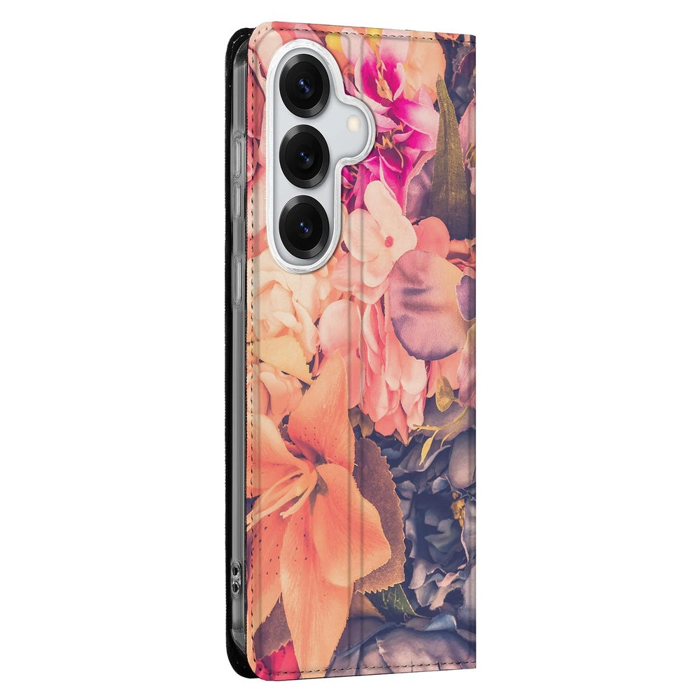 Samsung Galaxy S26 Bookcase Bosje Bloemen voorkant oranje paarse roze bloemen.