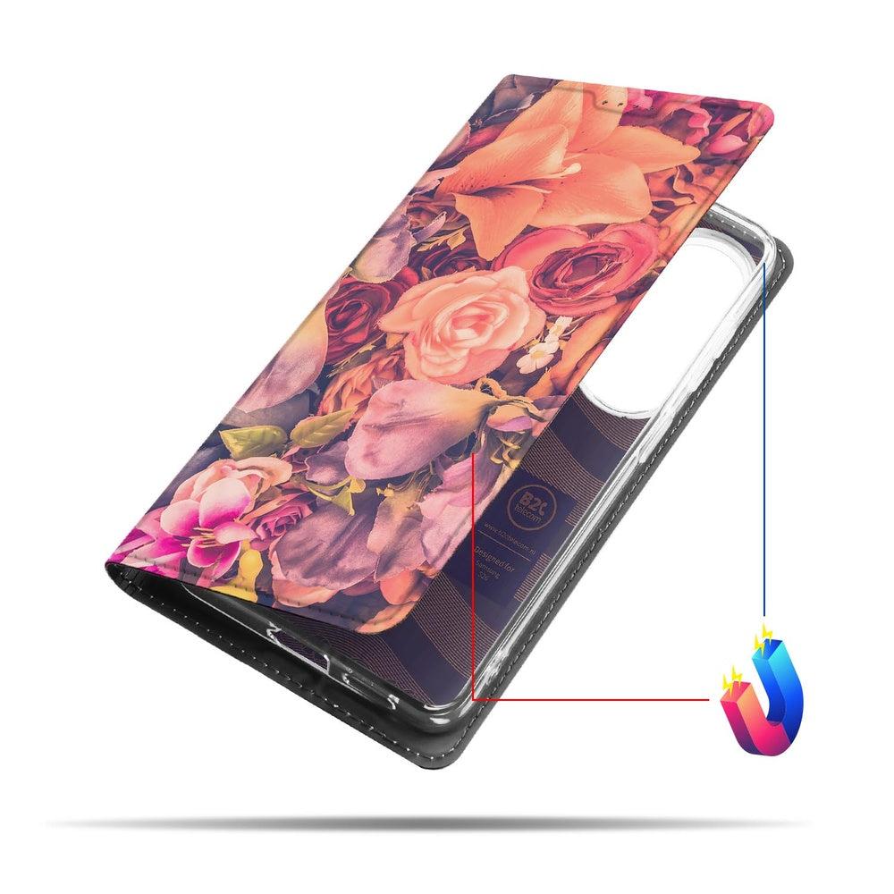 Samsung Galaxy S26 Bookcase Bosje Bloemen zijaanzicht met vrolijke bloemmotieven.