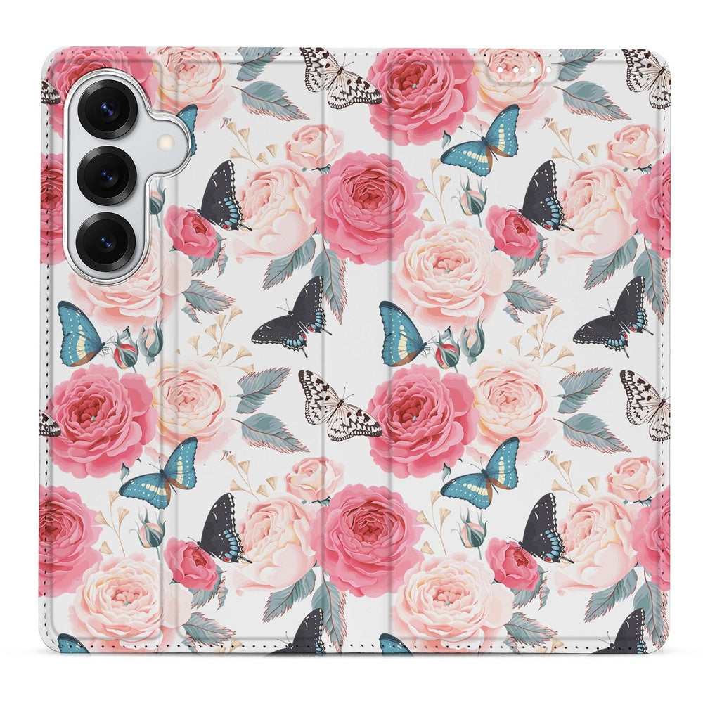Samsung Galaxy S26 Bookcase Hoesje Butterfly Roses bloemen vlinders design vooraanzicht.