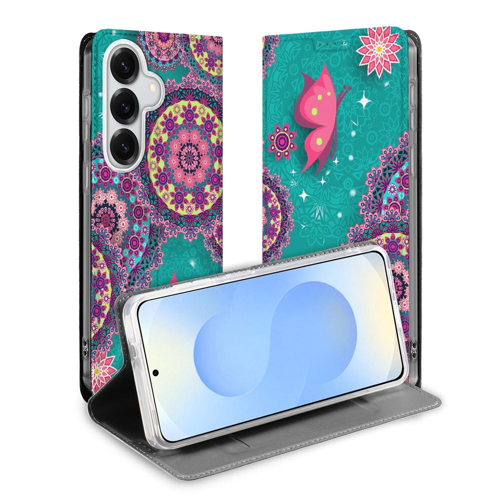 Samsung Galaxy S26 Flip Style Cover Cirkels en Vlinders Bookcase design Cirkels en Vlinders vooraanzicht.