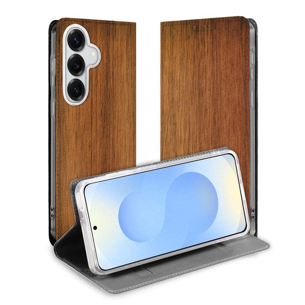 Samsung Galaxy S26 Flip Style Cover Donker Hout boekcase grote houten print vooraanzicht.