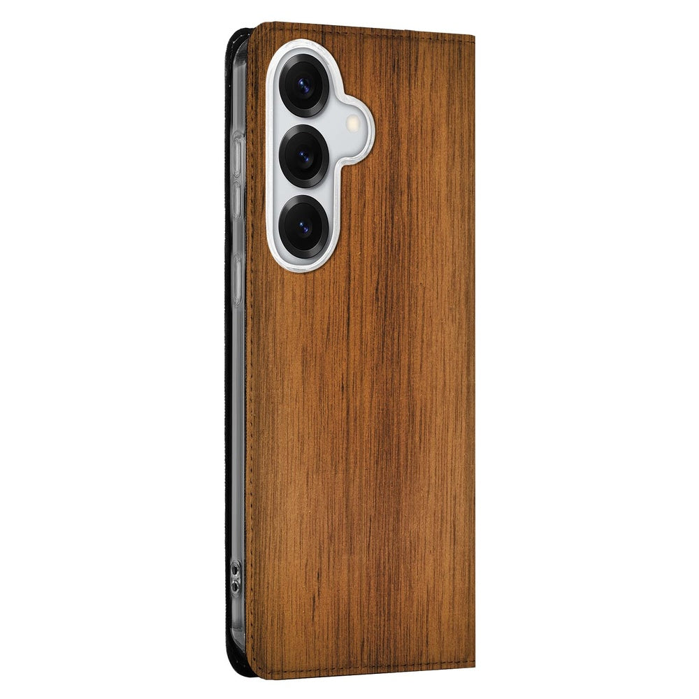 Samsung Galaxy S26 Flip Style Cover Donker Hout Bookcase hoesje donker hout zijkant.