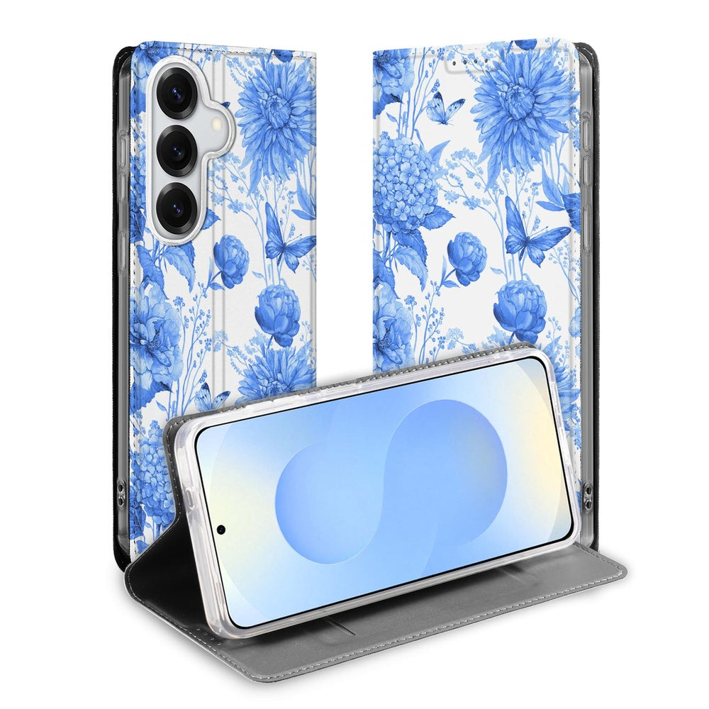Samsung Galaxy S26 Book Case Flowers Blue Smart Cover Bloemen Design Vooraanzicht.