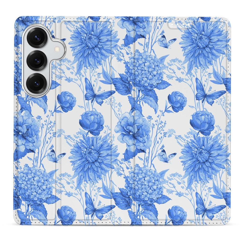 Samsung Galaxy S26 Book Case Flowers Blue Aanzicht detail.