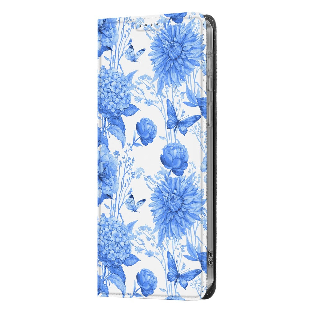 Samsung Galaxy S26 Book Case Flowers Blue Smart Cover Bloemenprint Zijkant.