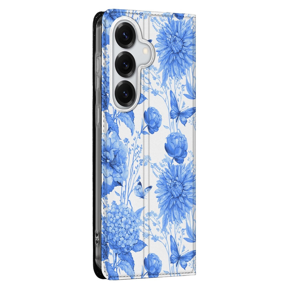 Samsung Galaxy S26 Book Case Flowers Blue zijaanzicht bloemenpatroon.