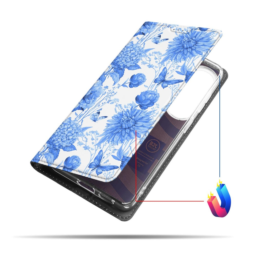 Samsung Galaxy S26 Book Case Flowers Blue Smart Cover bloemenprint vooraanzicht.