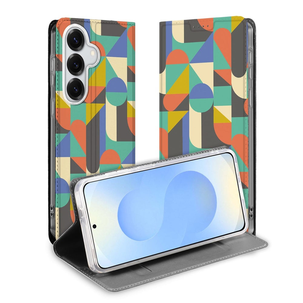 Samsung Galaxy S26 Book Case Funky Retro Book Case design kleurrijke geometrische patronen vooraanzicht.
