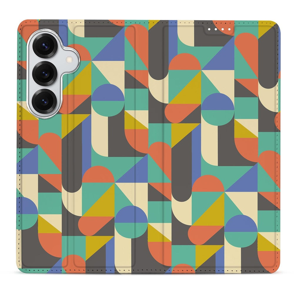 Samsung Galaxy S26 Book Case Funky Retro Design kleurrijke geometrische patronen Aanzicht vooraanzicht.