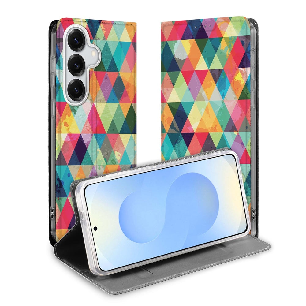 Samsung Galaxy S26 Book Cover Geruit kleurrijke ruiten vooraanzicht.
