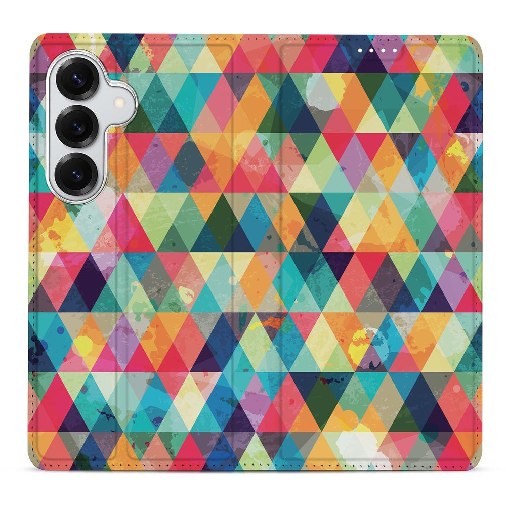 Samsung Galaxy S26 Book Cover Geruit kleurrijk driehoeken aanzicht.