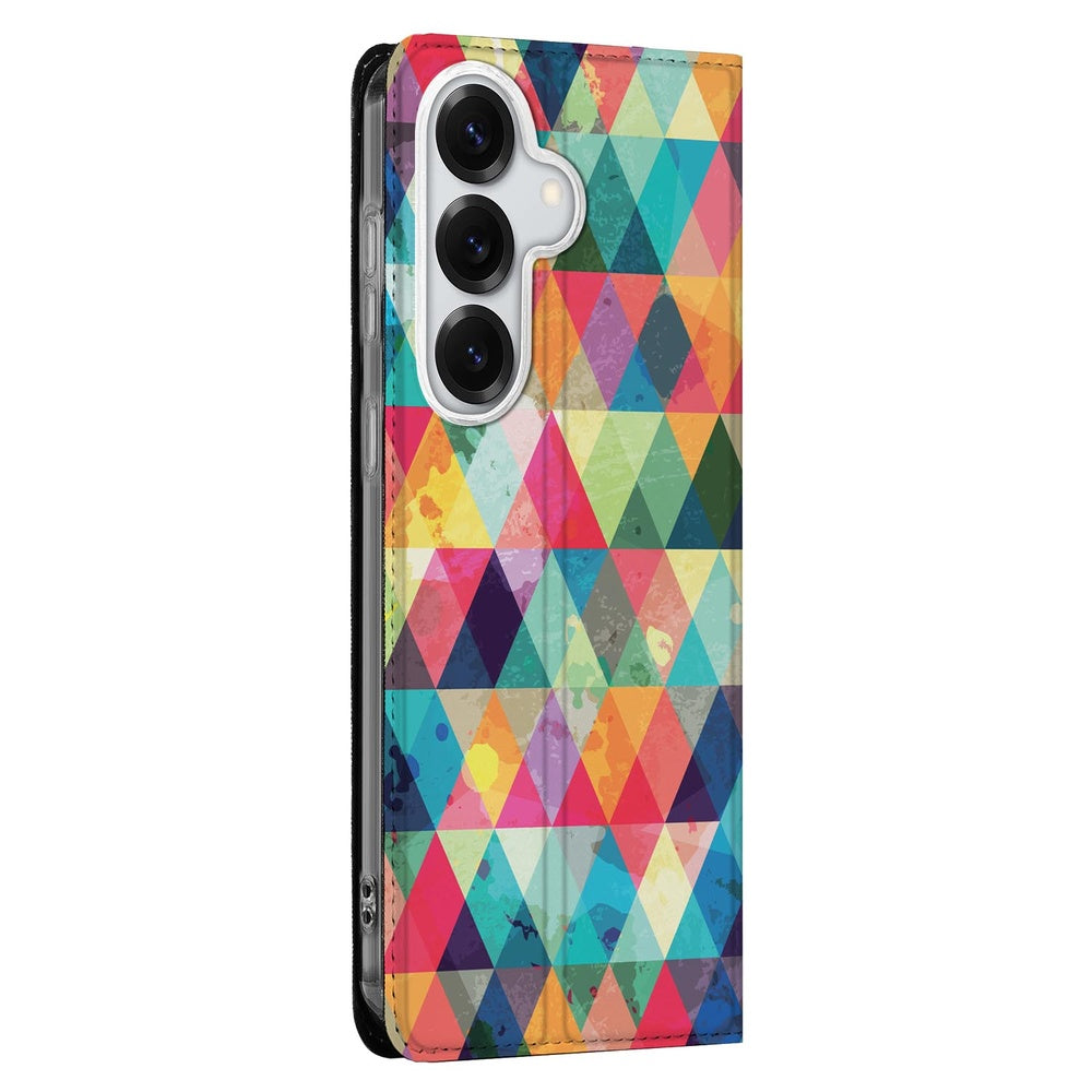Samsung Galaxy S26 Book Cover Geruit kleurrijk geometrisch design vooraanzicht.