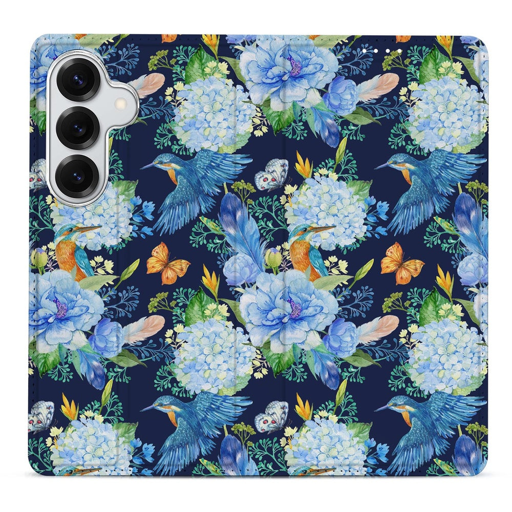 Samsung Galaxy S26 Bookcase Hoesje IJsvogel bloemendessin achteraanzicht.