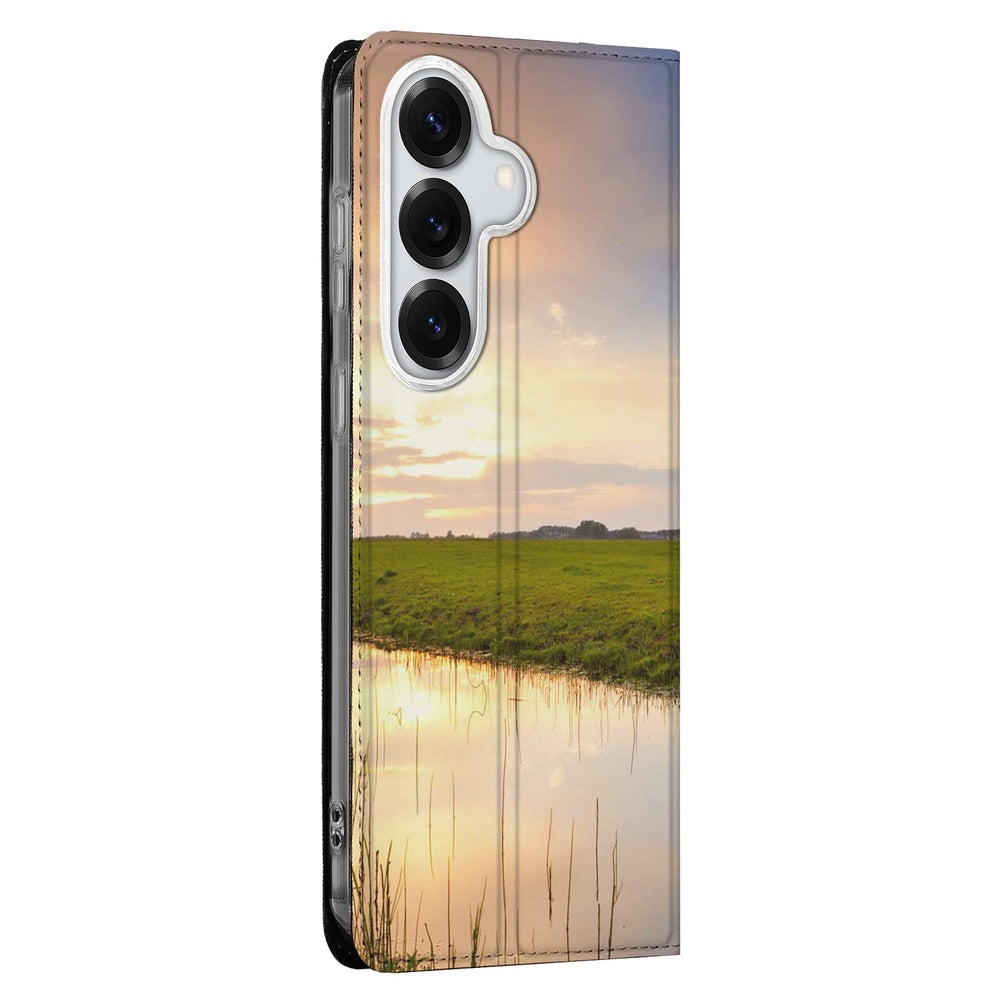 Samsung Galaxy S26 Koe Book Cover met koe en zonsondergang Aanzicht
