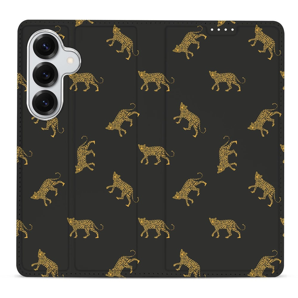Samsung Galaxy S26 Bookcase Hoesje Leopards zwart gouden luipaardprint vooraanzicht.