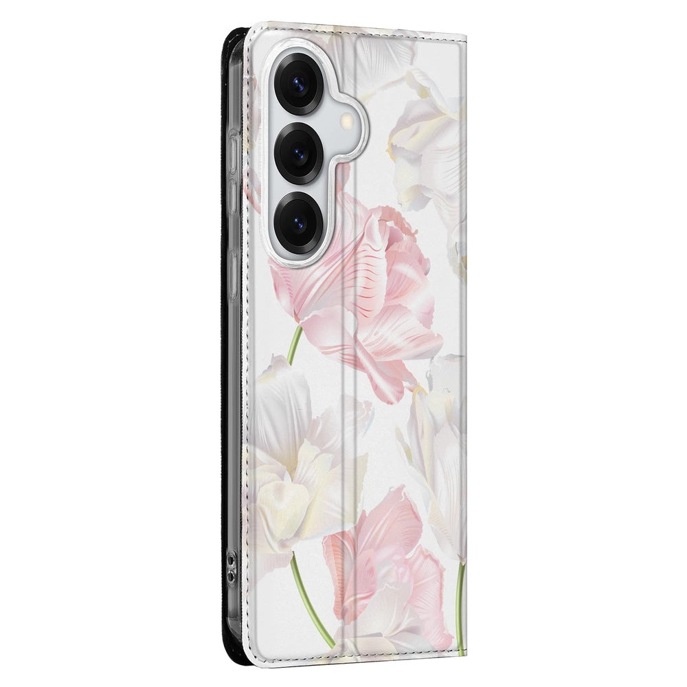 Samsung Galaxy S26 Book Case Lovely Flowers Zijkant met witte en roze bloemen.