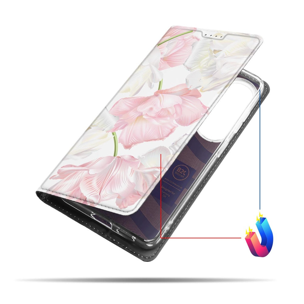 Samsung Galaxy S26 Book Case Lovely Flowers zijaanzicht roze en witte bloemen.