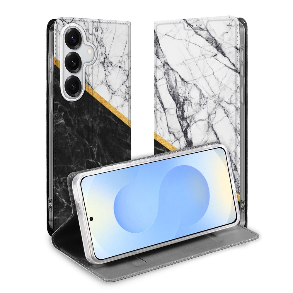 Samsung Galaxy S26 Book Cover Marble White Black Vooraanzicht.