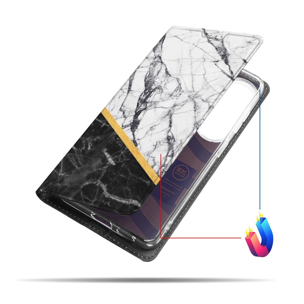 Samsung Galaxy S26 Book Cover Marble White Black Vooraanzicht.